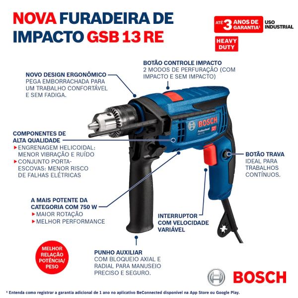 Furadeira de Impacto Bosch GSB 13 RE 650W 220V 5 brocas e maleta