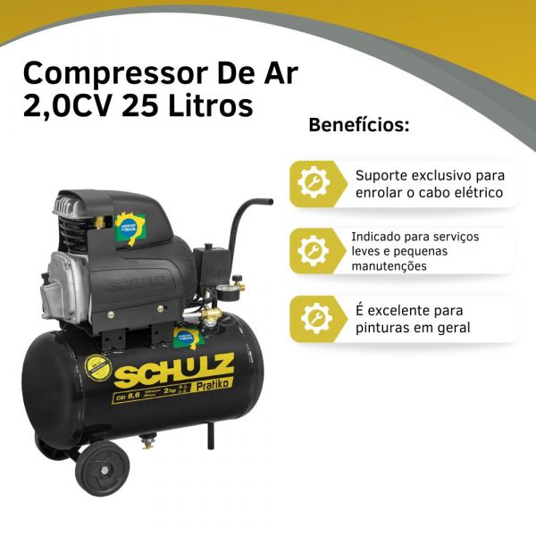 Compressor De Ar 2,0CV 25 Litros CSI 8,6 Pratic Schulz