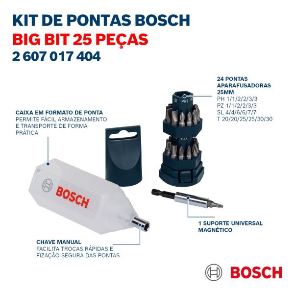 Kit de Pontas Bosch Big Bit para parafusar com 25 pçs 2607017404 Bosch 