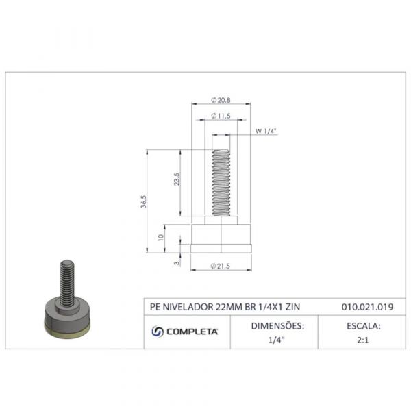 Pé Nivelador 22mm 1/4X1 Pol. BR Zin Completa