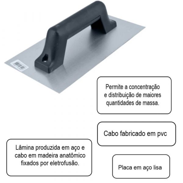 Desempenadeira de Aço Lisa 12x24cm Com Cabo de PVC Momfort