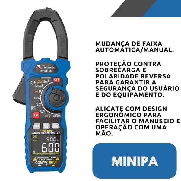 Alicate Amperímetro Digital AC/DC ET-3810C Minipa
