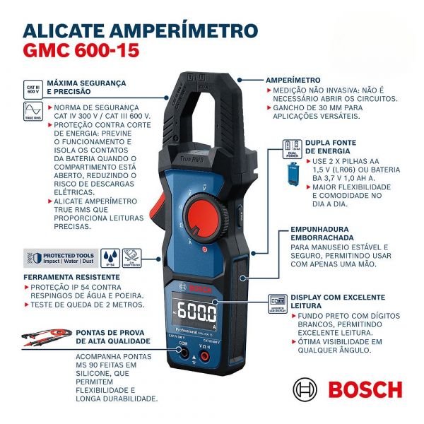 Alicate Amperimetro Dígital GMC 600-15 Bosch 
