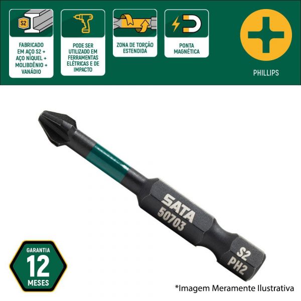 Bit de Impacto Phillps PH2 de 50mm Encaixe 1.4 Pol 10 Peças ST59703 Sata