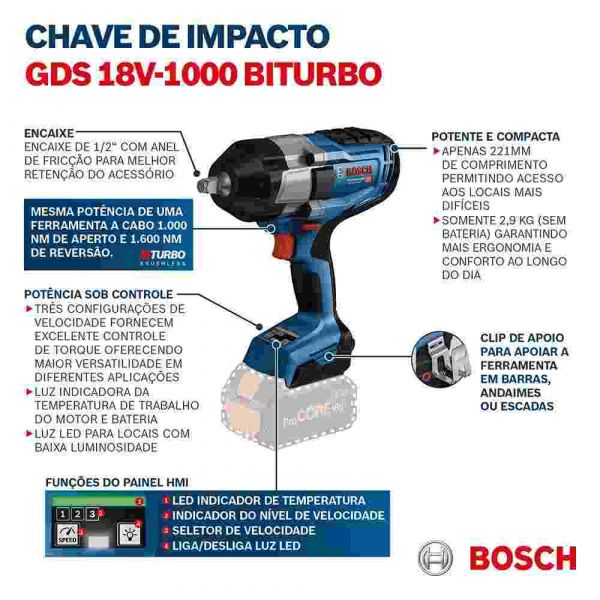 Chave de Impacto a bateria Bosch 1/2 18V-1000 Biturbo Brushless Sem Bateria Bosch 