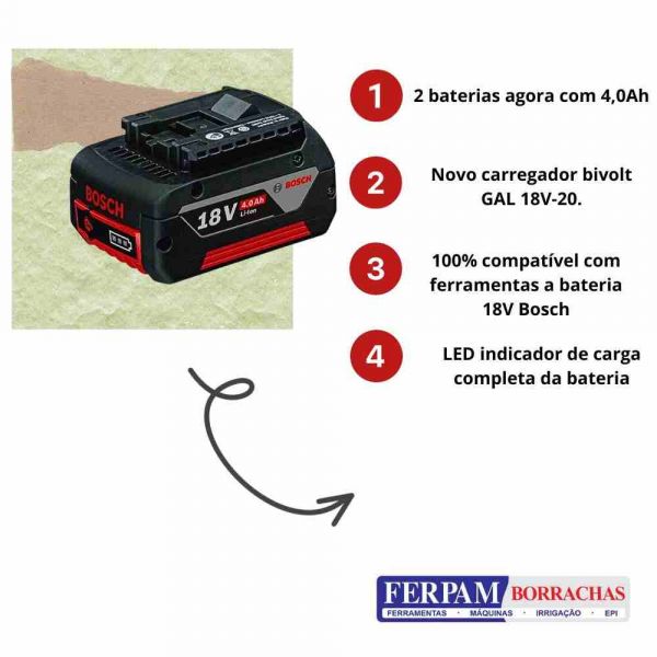 Kit Bosch 2 baterias de lítio GBA 18V e Carregador Bivolt 18V