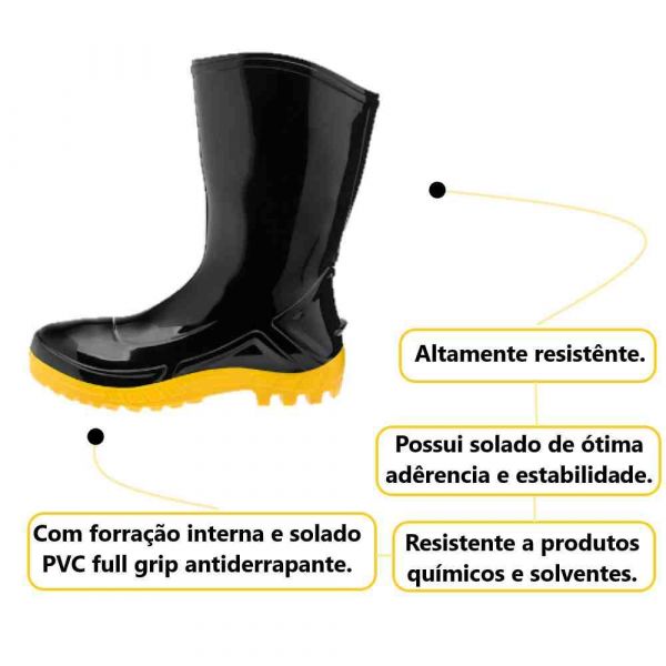 Bota De Borracha Preta Curta Com Solado Amarelo N° 38 Vulcaflex