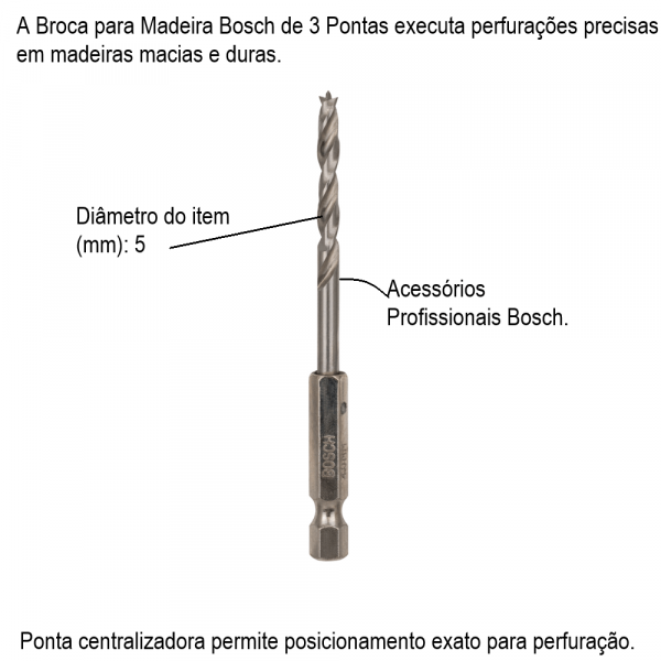 Broca Bosch para Madeira 3 Pontas 5,0mm (encaixe 1/4