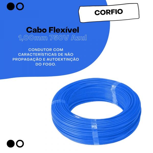 1 Metro Cabo Flexível 1,00mm 750V Azul Corfio