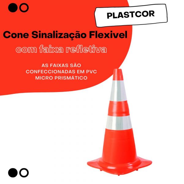 Cone Sinalização Flexivel Laranja 75cm com faixa refletiva