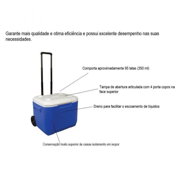 Caixa Térmica Com Rodas 60QT 57 Litros Azul Invicta