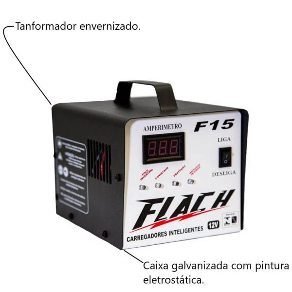 Carregador Inteligente de Baterias F15  Bivolt 15A  Com Aux. Partida 12V  Flach 