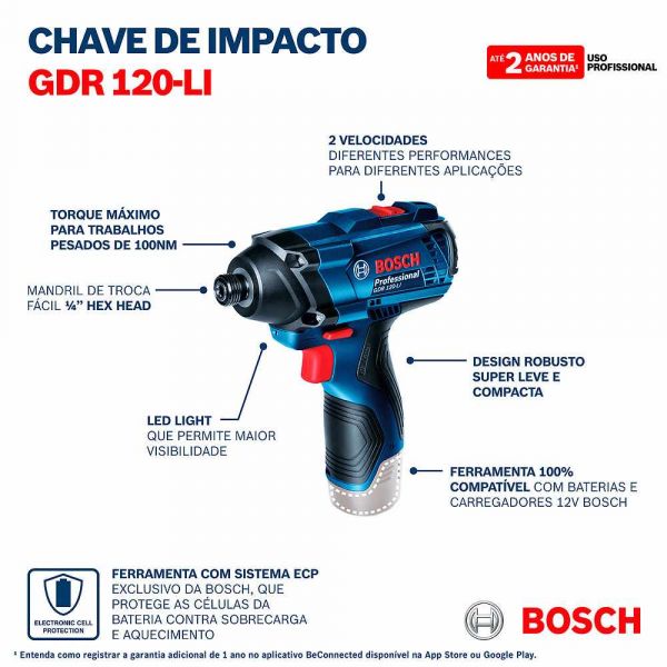 Chave de impacto Bosch GDR 120-LI, 12V, 2 baterias e maleta