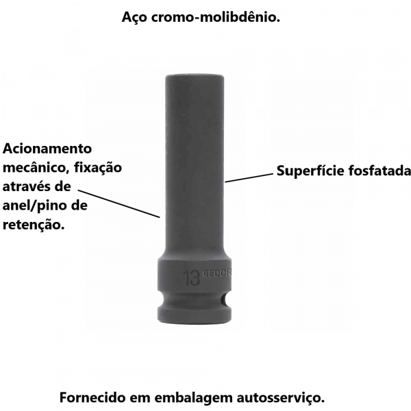 Chave Soquete de Impacto Sextavado Longo 28mm 1/2
