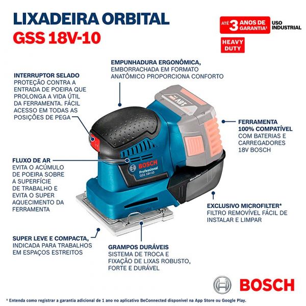 Lixadeira orbital à bateria Bosch GSS 18V-10, 18V SB, 2 lixas