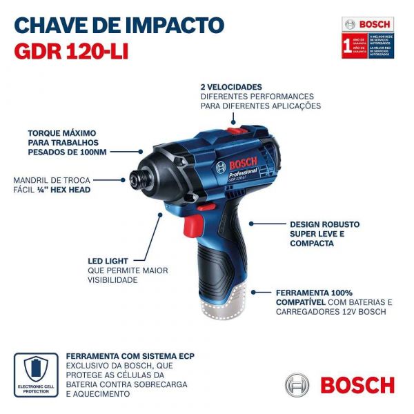 Kit Bosch Furadeira e Parafusadeira GSB 120-LI e Chave de Impacto GDR 120-LI 12V