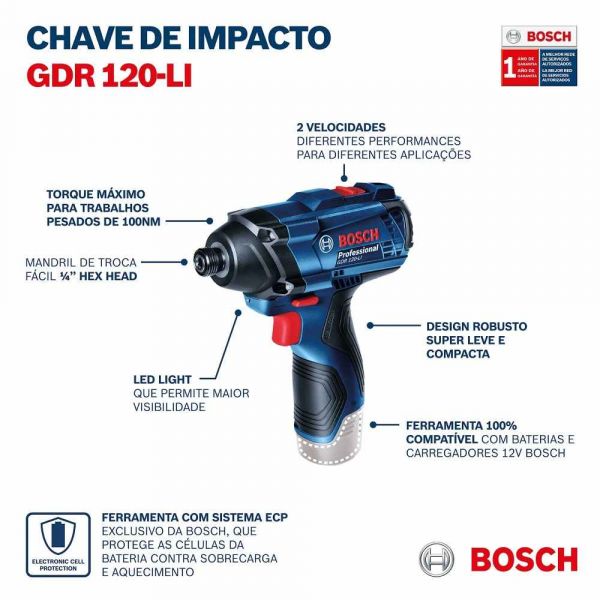 Kit Bosch Parafusadeira GSR 120-LI e Chave de Impacto GDR 120-LI, 12V 2 baterias e maleta