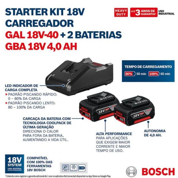 Combo Chave Impacto GDS 1/2 Pol. 18V-400 + Kit 2 Baterias 4ah e Carregador GAL 18V-40 Bivolt Bosch 