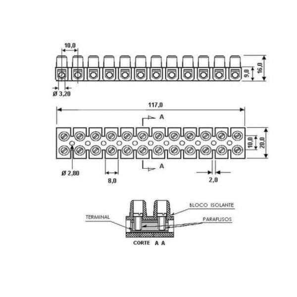 Conector Em Barra 25A 12 Polos 6mm Decorlux 