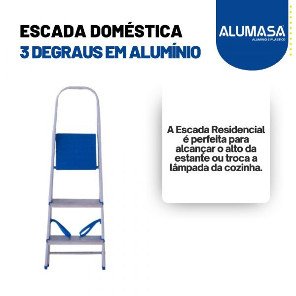 Escada Doméstica com 3 Degraus em Alumínio Prata e Azul Alumasa