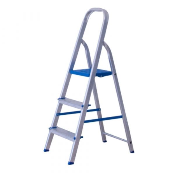 Escada Doméstica com 3 Degraus em Alumínio Prata e Azul Alumasa