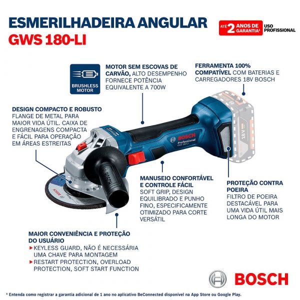Esmerilhadeira a bateria Bosch GWS 180-LI Brushless 18V Sem Bateria