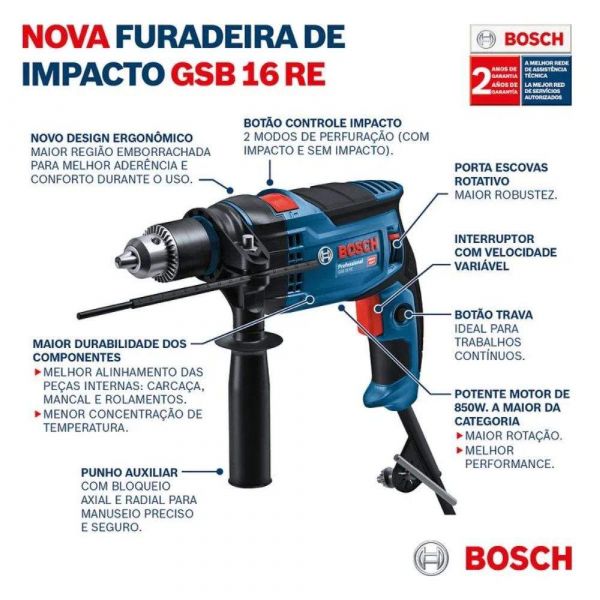 Furadeira de Impacto GSB 16 RE 850W + Jogo de Broca 10 Unidades Bosch 