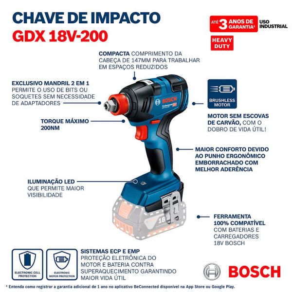 Chave de impacto a bateria Bosch GDX 18V-200 Brushless 18V Sem Bateria