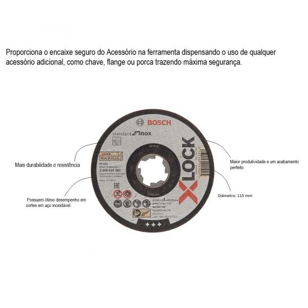 Disco Corte X-LOCK Bosch Std for Inox/Metal 115x1,6mm Reto