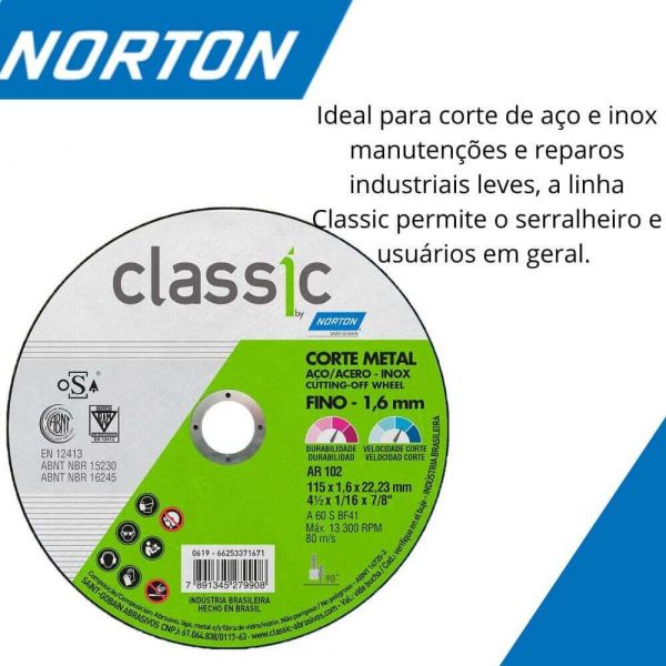 Disco De Corte Classic AR102 4.1/2X1/16X7/8  Norton