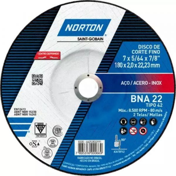Disco de Corte para Inox BNA22 7 x 5/64 x 7/8 Pol. Norton