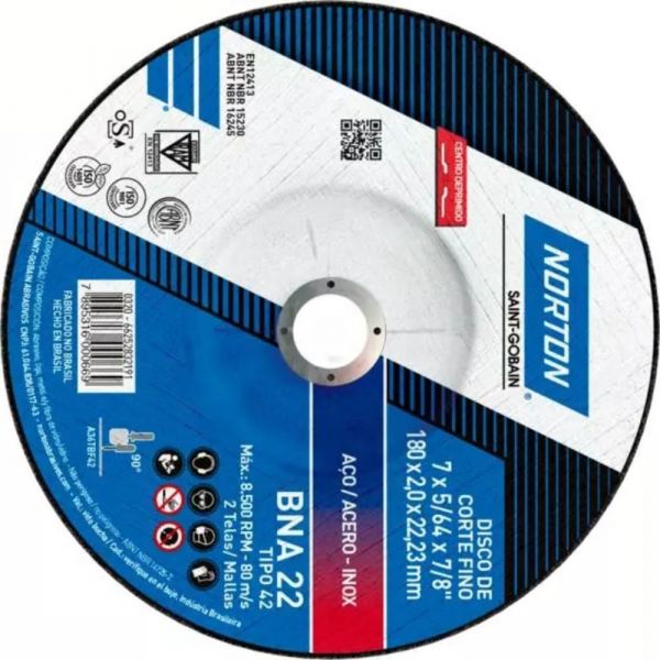 Disco de Corte para Inox BNA22 7 x 5/64 x 7/8 Pol. Norton