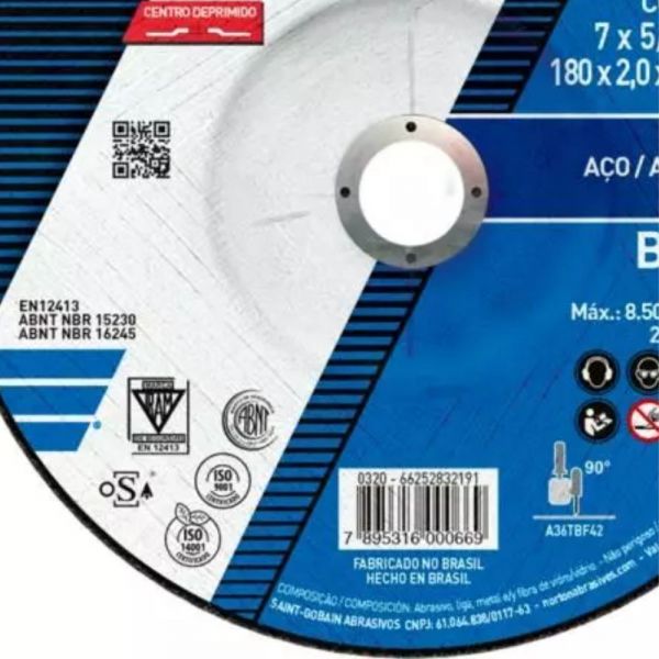 Disco de Corte para Inox BNA22 7 x 5/64 x 7/8 Pol. Norton