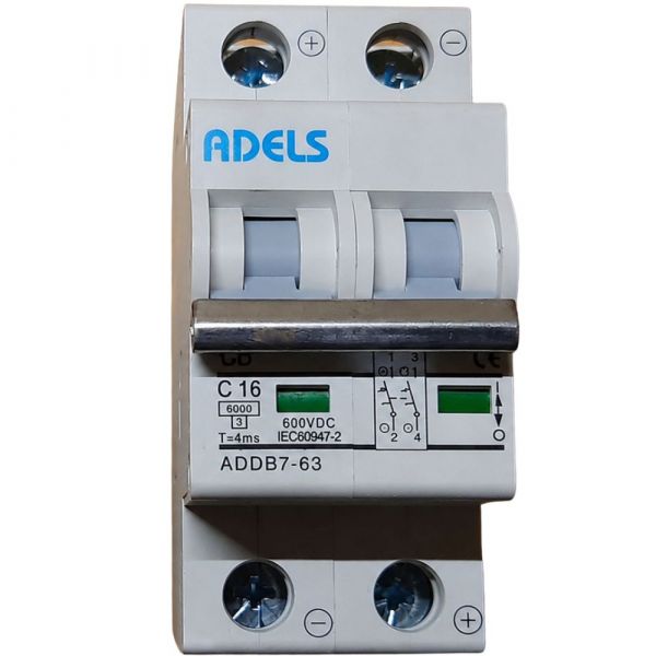 Disjuntor Solar CC Bipolar 16A 600Vdc ADBB7-63 Adels Panda Energia Solar