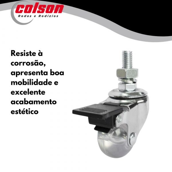 Rodízio Giratório 1.3/8 Freio Espiga Roda Poliuretano Transparente 30kg Colson