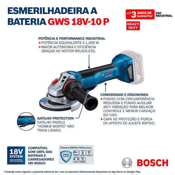 Esmerilhadeira Angular GWS 18V-10P 18V 5 Pol. sem Bateria sem Carregador Bosch