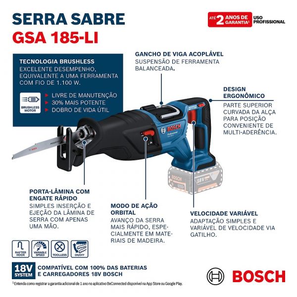 Combo Serra Sabre GSA 185+ 2 Bateria 18V-4,0 AH + Carregador Bivolt 18-40V Bosch