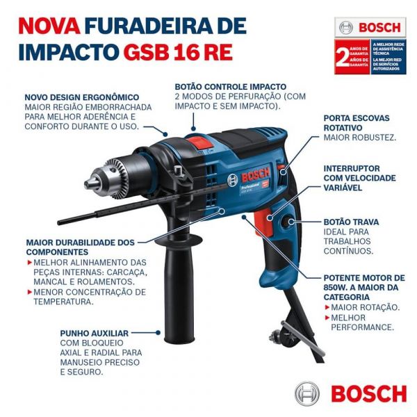 Furadeira de Impacto Bosch GSB 16 RE 850W 220V