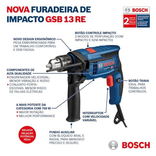 Furadeira de Impacto Bosch GSB 13 RE-MX5 - 750W 220V / 5 brocas e Maleta