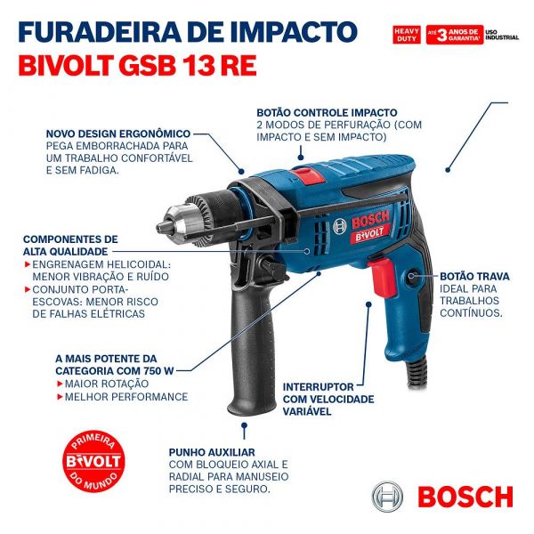 Furadeira de Impacto Bosch GSB 13 RE Bivolt 750W