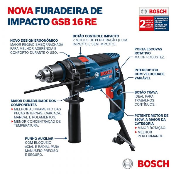 Furadeira de Impacto GSB 16 RE 850W 220V, em Maleta Bosch