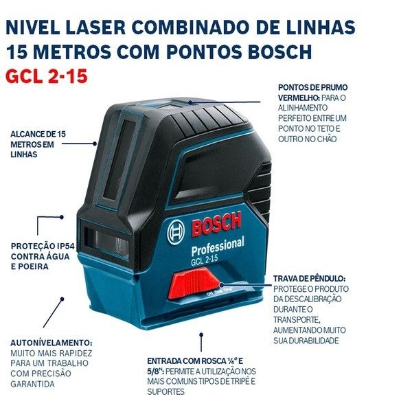 Nivelador a Laser de linhas 15 metros com pontos de prumo GCL 2-15 em Maleta Bosch