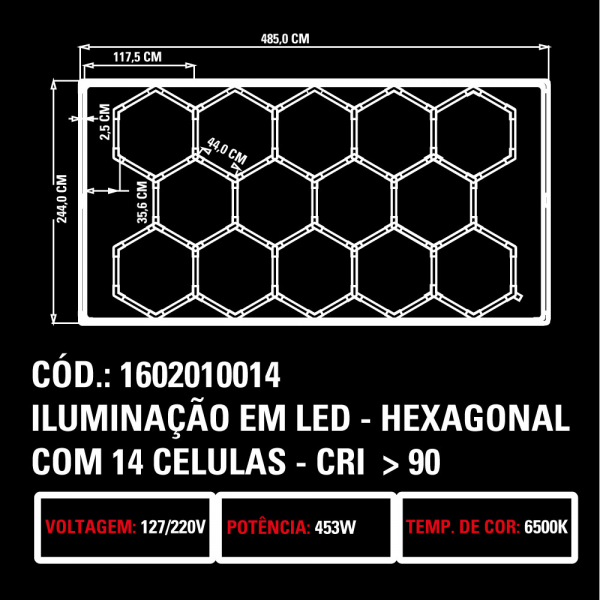 Iluminação em Led Hexagonal 14 Células Cri 90 Sigma Tools