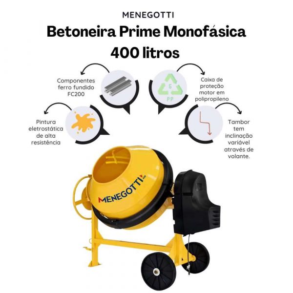 Betoneira Prime Monofásica 400 litros com Motor Menegotti