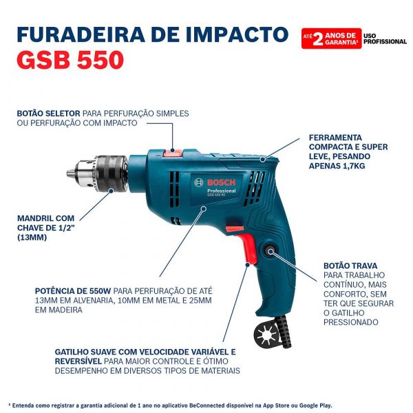 Furadeira de Impacto Bosch GSB 550 RE 550W 220V