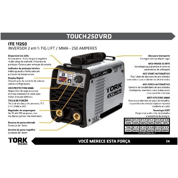 Inversora TOUCH 250a (Tig/Eletrodo)- Tork 220V