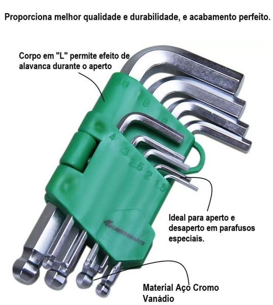 Jogo De Chave Allen Curvo Longa 9 Peças Carbografite