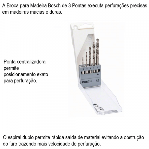 Jogo de Brocas Bosch para Madeira 3 Pontas 2, 3, 4, 5, 6mm