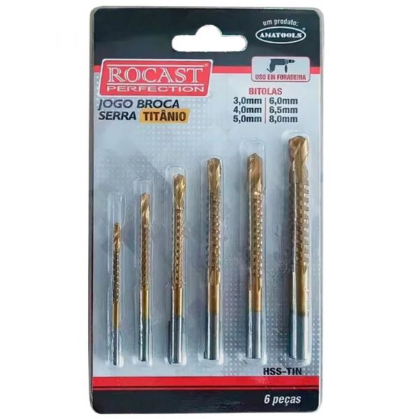 Jogo de Brocas Serra Titânio 3 a 8mm 6 Peças Rocast