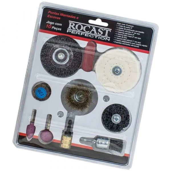 Jogo de Pontas Montadas e Escovas 10 Peças Rocast 